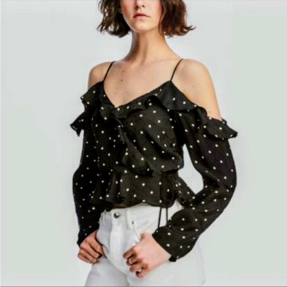 H&M cold shoulder polka dot ruffled wrap blouse